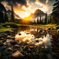 sunset over the river and the mountains