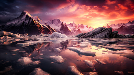 sunset over the glacial lake
