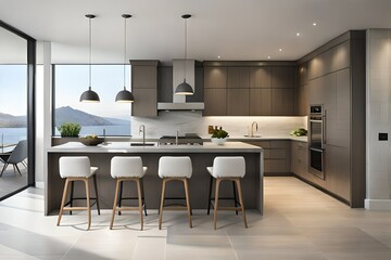 Modern gray kitchen features dark gray flat front cabinets paired with white quartz countertops and a glossy gray linear tile backsplash. Northwest, USA - obrazy, fototapety, plakaty