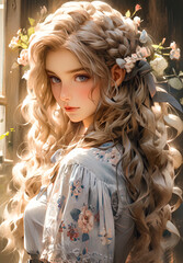 portrait of an anime girl with long hair and flowers in her hair