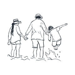 Happy family holding hands together on the beach. Travel and vacations hand drawn ink sketch concept, line drawing vector vintage illustration