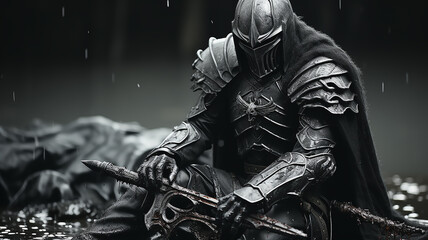 Fototapeta na wymiar silhouette of a black warrior with a sword, fantasy picture computer game design screenshot