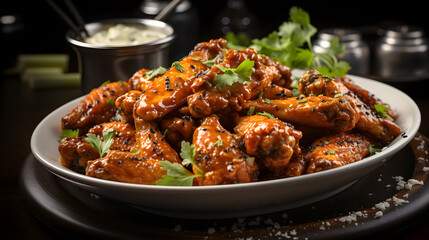 Fried chicken wings ,Buffalo wings with melted hot sauce on a wooden table with a blurred background 