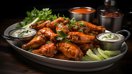 Fototapeta premium Fried chicken wings ,Buffalo wings with melted hot sauce on a wooden table with a blurred background 