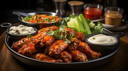 Fototapeta premium Fried chicken wings ,Buffalo wings with melted hot sauce on a wooden table with a blurred background 