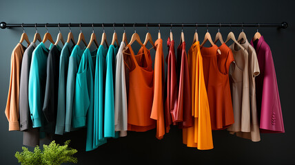 Fototapeta premium bright clothes on hangers in a fashion store