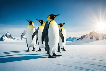penguins on ice - obrazy, fototapety, plakaty