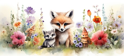Whimsical watercolor illustration. baby fox, deer, raccoon, owl in colorful floral woodland. Concept Nursery nature art