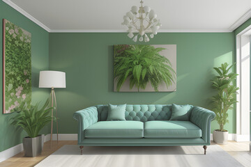 3d render of a green room with a turqoise sofa an art canvas and many plants and flowers. Modern living room