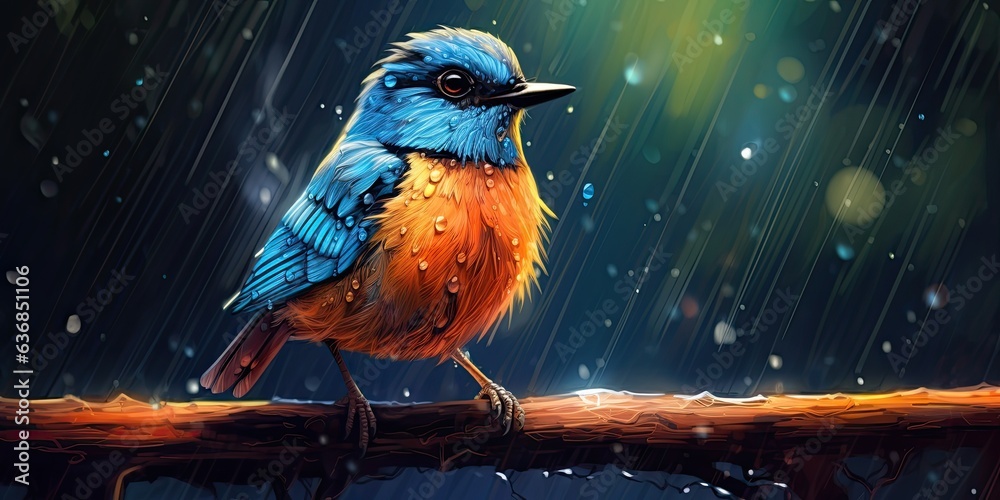 Wall mural illustration of colorful bird in the rain, generative AI