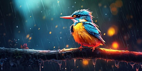 illustration of colorful bird in the rain, generative AI - obrazy, fototapety, plakaty