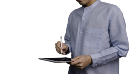 Businessman Professional Using Tablet in Modern Office, transparent background, Digital expertise A skilled businessman seamlessly technology, adding a touch of modernity to corporate success.