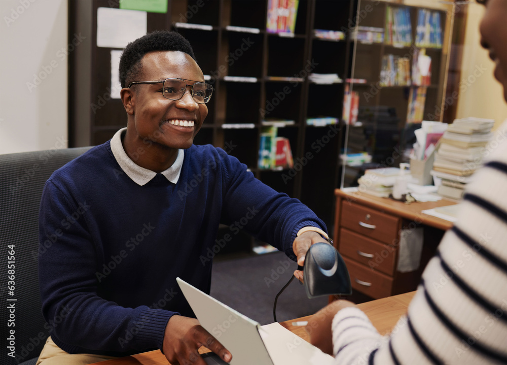 Poster happy librarian man, scan books and help desk for learning, knowledge and administration with techno