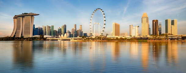 Singapore skyline panorama at sunrise - Marina bay with skyscrapers