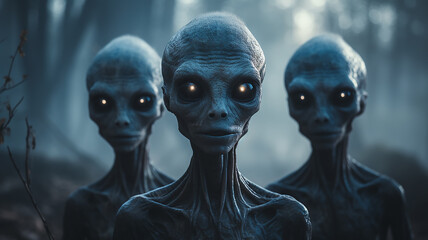 a group of three aliens on the background of fog fictional space graphics computer, fantastic