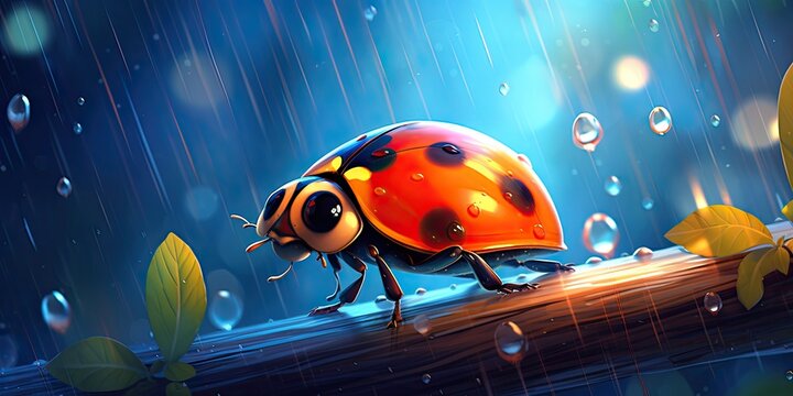 illustration of colorful ladybug in the rain, generative AI