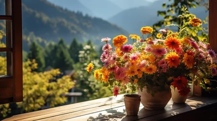 Washable wall murals Morning with fog autumn flowers in pots on the balcony of the chalet, view of the autumn mountains from the hotel on a trip in October