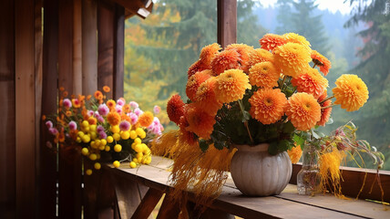 autumn flowers in pots on the balcony of the chalet, view of the autumn mountains from the hotel on a trip in October