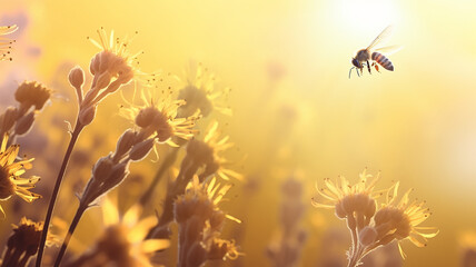 bees pollinate flowers in the morning fog of the last days of summer, landscape, silence and beauty of wildlife in early autumn - obrazy, fototapety, plakaty