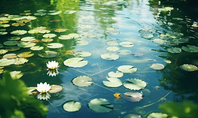 Tuinposter Photo of a serene pond surrounded by vibrant water lilies © uhdenis