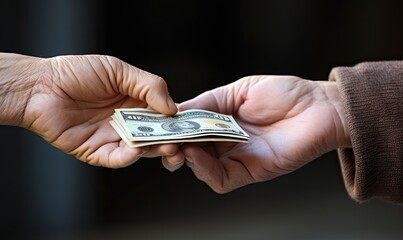 Photo of a transaction as one person hands money to another - obrazy, fototapety, plakaty