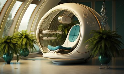 Photo of a modern living room with a futuristic twist and tropical vibes