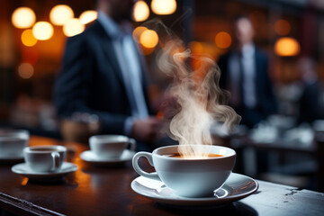 Drink steaming coffee at a cafe where businessmen gather before commuting to work Business people who are busy with work gather blurry scenes. Good working concept for work and rest.