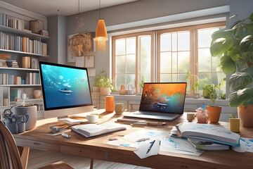 Working and learning with computer, books, drafts and schematic