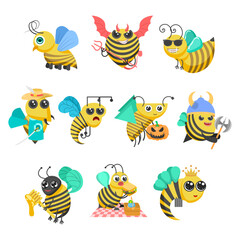 Set Abstract Collection Flat Cartoon Animal Insect Beetle Bee Fly Honey Yellow Animal Vector Design Style Elements Fauna Wildlife