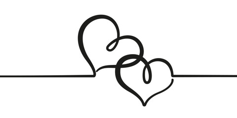 Hearts Couple Continuous Line Drawing. Heart Love Wedding Trendy Minimalist Illustration One Line Abstract Love Concept. Love Symbol Minimalist Contour Banner. Vector EPS 10. 