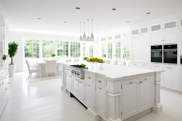 Fototapeta na wymiar Luxurious white kitchen and living room in a big house. Modern kitchen interior