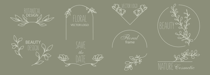 Line Drawing Floral Borders, Vintage Frames with Linear Leaves, Flowers. Abstract Trendy Botanical Elements Set. Vector Line Art Floral Set for Label, Invitation, Cards
