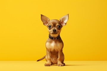 Uncertain, small dog, humorous, on yellow backdrop. Generative AI