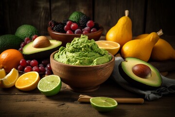 Tasty avocado and fruit guacamole displayed on a wooden table. Generative AI