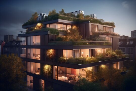 3D visualization of a modern city house with roof garden, illuminated facade and exterior design. Generative AI