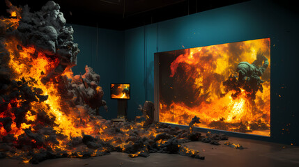 Digital chaos settling into a tangible 3D exhibit within gallery walls