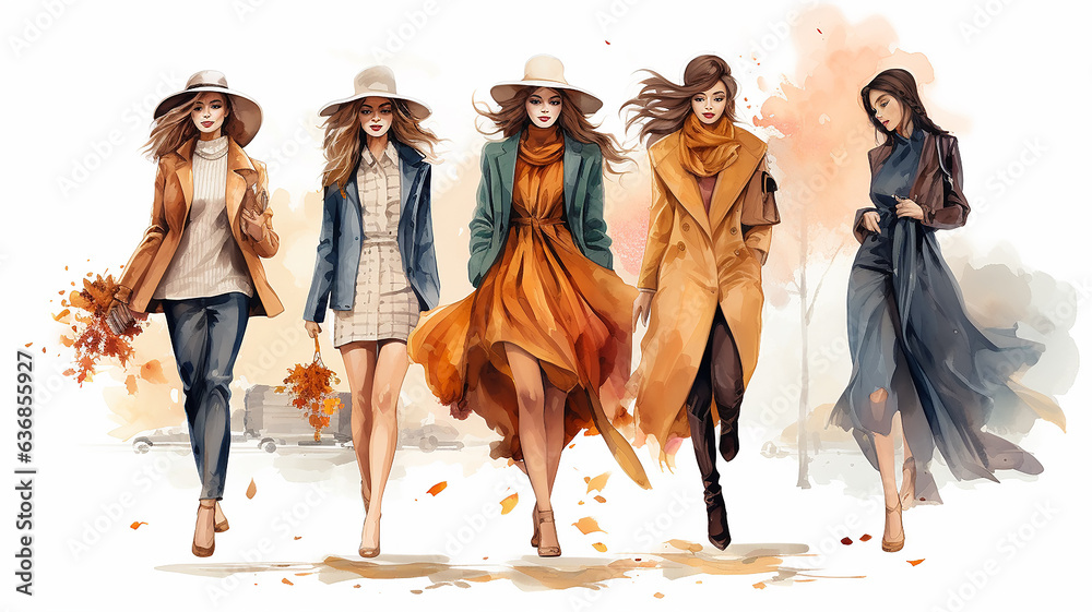 Wall mural autumn fashion clothes, a group of models of girls, in october look, watercolor on a white backgroun