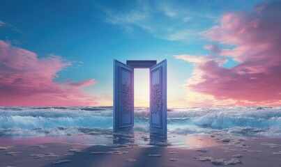 Photo of an open door overlooking a breathtaking sunset over the ocean