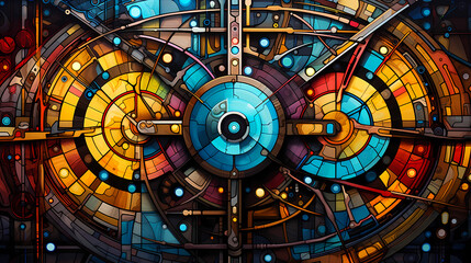 Obraz premium In a kaleidoscope of cool colors, geometric designs evolve autonomously, driven by the heartbeats of advanced AI technologies