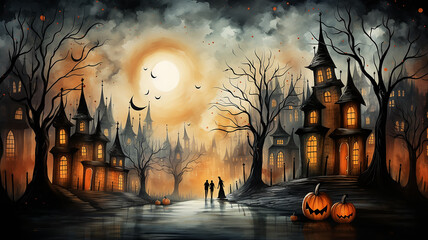 halloween postcard with cityline in orange tones city street in soft color background