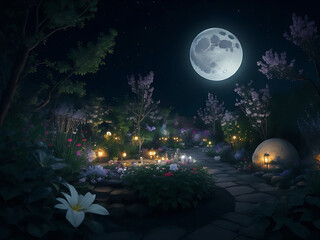 A moon garden in the night  fantastic garden from a fairy tale, two butterflies, and a mystery blue background with a shining moon