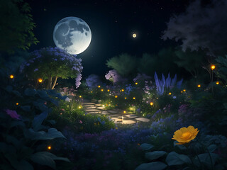 Obraz na płótnie Canvas A moon garden in the night fantastic garden from a fairy tale, two butterflies, and a mystery blue background with a shining moon