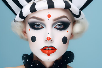 Woman's face with black and white Halloween Pierrot costume makeup - obrazy, fototapety, plakaty
