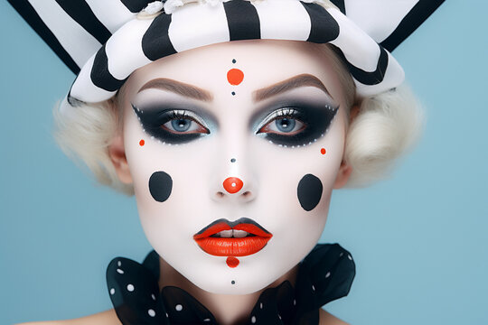 Woman's face with black and white Halloween Pierrot costume makeup