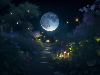Fototapeta na wymiar A moon garden in the night fantastic garden from a fairy tale, two butterflies, and a mystery blue background with a shining moon