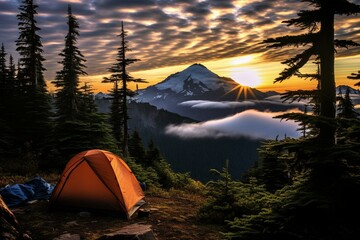 Vertical photo of Cascadia backcountry camping. Generative AI