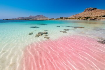 Breathtaking Elafonissi beach, Crete, Greece, features pink sand and crystal-clear water. Generative AI