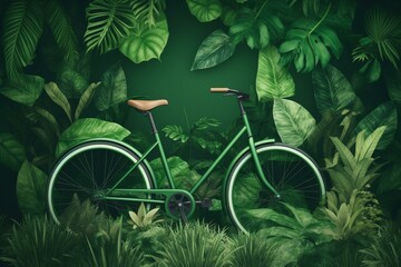 Green background with bicycle near plants, representing sustainable mobility concept. Generative AI