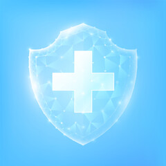 Medical sign symbol blue cross in shield poly triangle glowing on blue background. Immunity protection innovation. Medical care science concept. Realistic 3D Vector illustration.