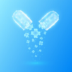 Medical sign symbol blue cross floats out capsule translucent low poly triangles. Emergency medicine first aid and health care innovation treatment. Vector EPS10.